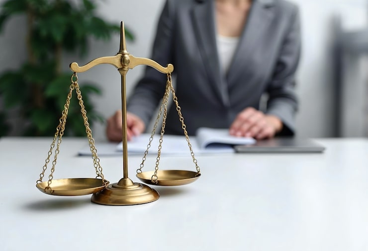 Scales of justice on a lawyer's desk
